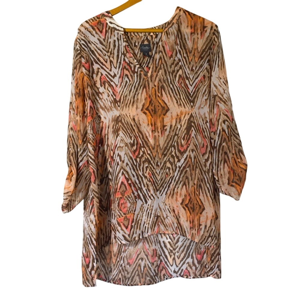 Travelers Collection by Chico's Sheer Abstract‎ Diamond Print Tunic Top